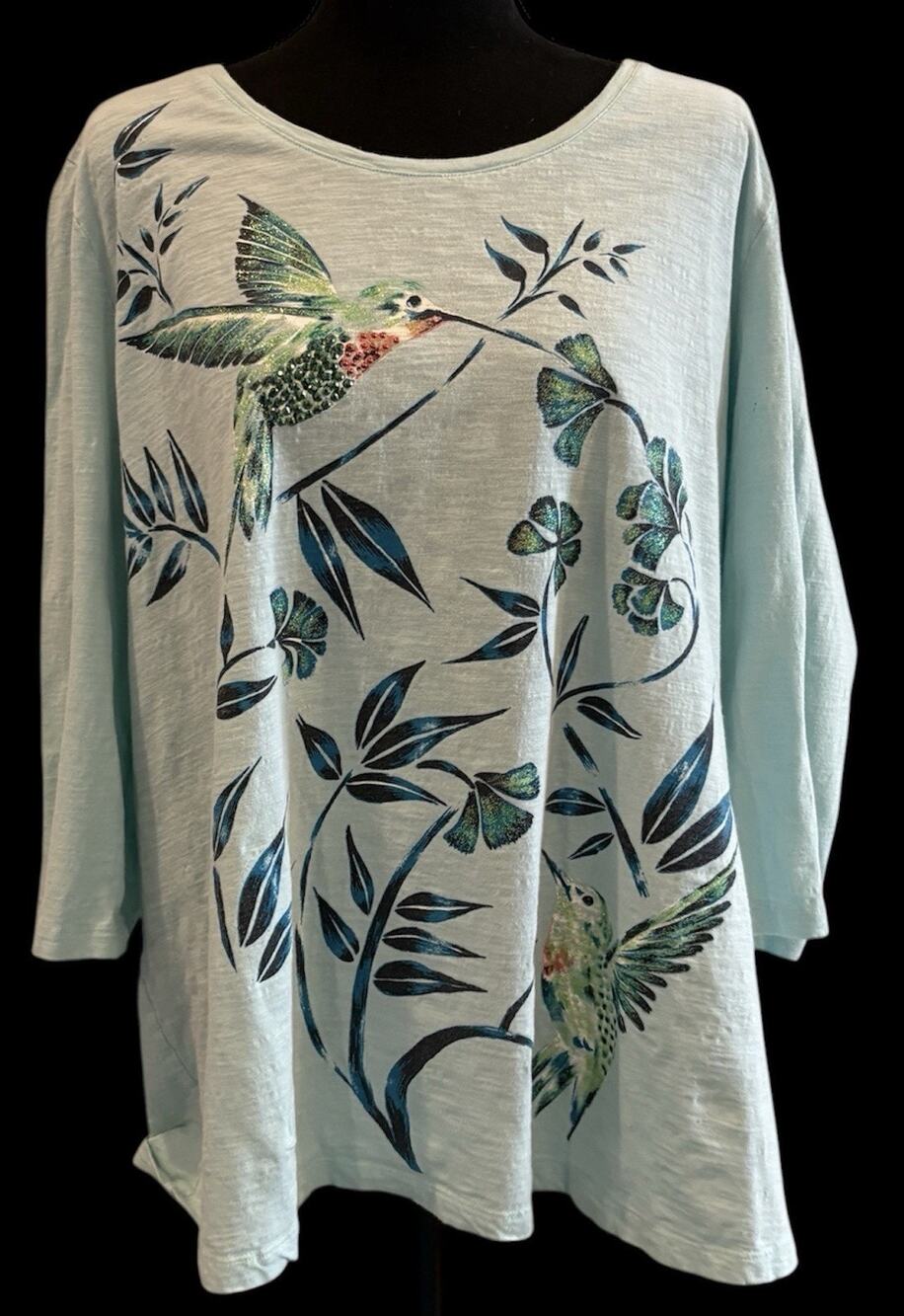Catherines Mint Green Hummingbird Slub Kit Top Rhinestones 3/4 Sleeves Size 1X